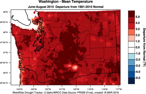 The average temperature for June-August 2015 in comparison to the average June-August temperature for 1981-2010. The red colors indicate that summer 2015 was hotter than the average 1981-2010 summer temperature. 