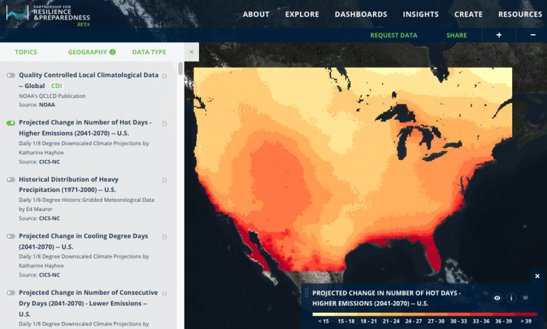 An example dataset from the PReP visualization tool illustrating the projected change in the number of hot days in the United States.