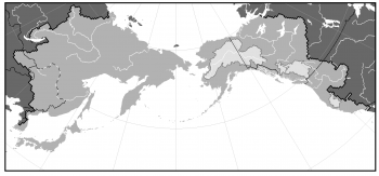 Figure 1 The domain selected for this study (medium gray), which includes all watersheds that drain into the north Pacific Ocean, defined as the portion of the basin north of 32N. Four calibration watersheds are also highlighted (light gray): the Yukon, Skeena, Fraser, and Sacramento river watersheds. These were used to calibrate the hydrologic model. Figure source: Mantua et al., in prep. 