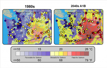 Figure 1 Colored continuous shading shows the mean surface air temperatures for the month of August for the historical (1970-1999) on the left and the future (2030-2059) under the A1B scenario. The shaded circles show the simulated mean of the annual maximum for weekly water temperatures for select locations throughout Washington State. Colors are shaded to highlight thermal tolerances for Salmon, ranging from favorable to fatal (EPA 2007). Figure source: Mantua et al. 2010.