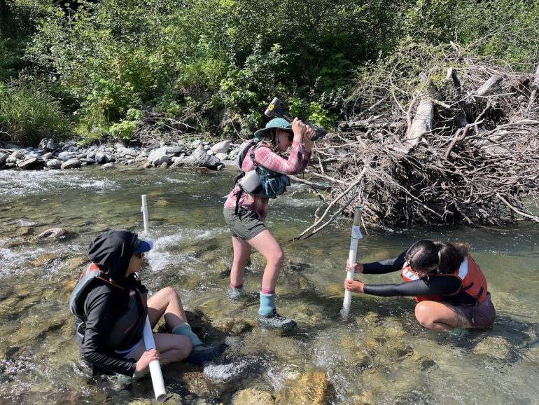 Three people stand, squat and sit, in a flowing river. One lifts a mallet to pound a pole into the river, another holds the pole, and the other watches.