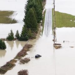 A vehicle is submerged with Skykomish River floodwater