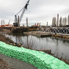 Green sand bags line Duwamish River in Seattle