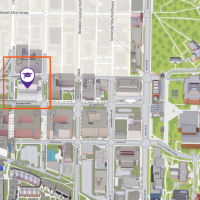 City map featuring Condon Hall outlined in a red rectangle