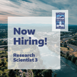 Overlaid text of Now Hiring Reserach Scientist 3 overlaid on aerial view of columbia river