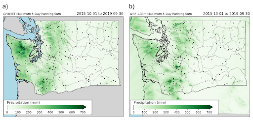 Figure of two Washington maps side by side showing precipitation datasets. See figure description for more.